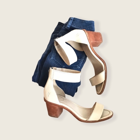 Frye White Brielle Zip Wood Block Genuine Leather Casual Ankle Sandals/Heels - Picture 15 of 16